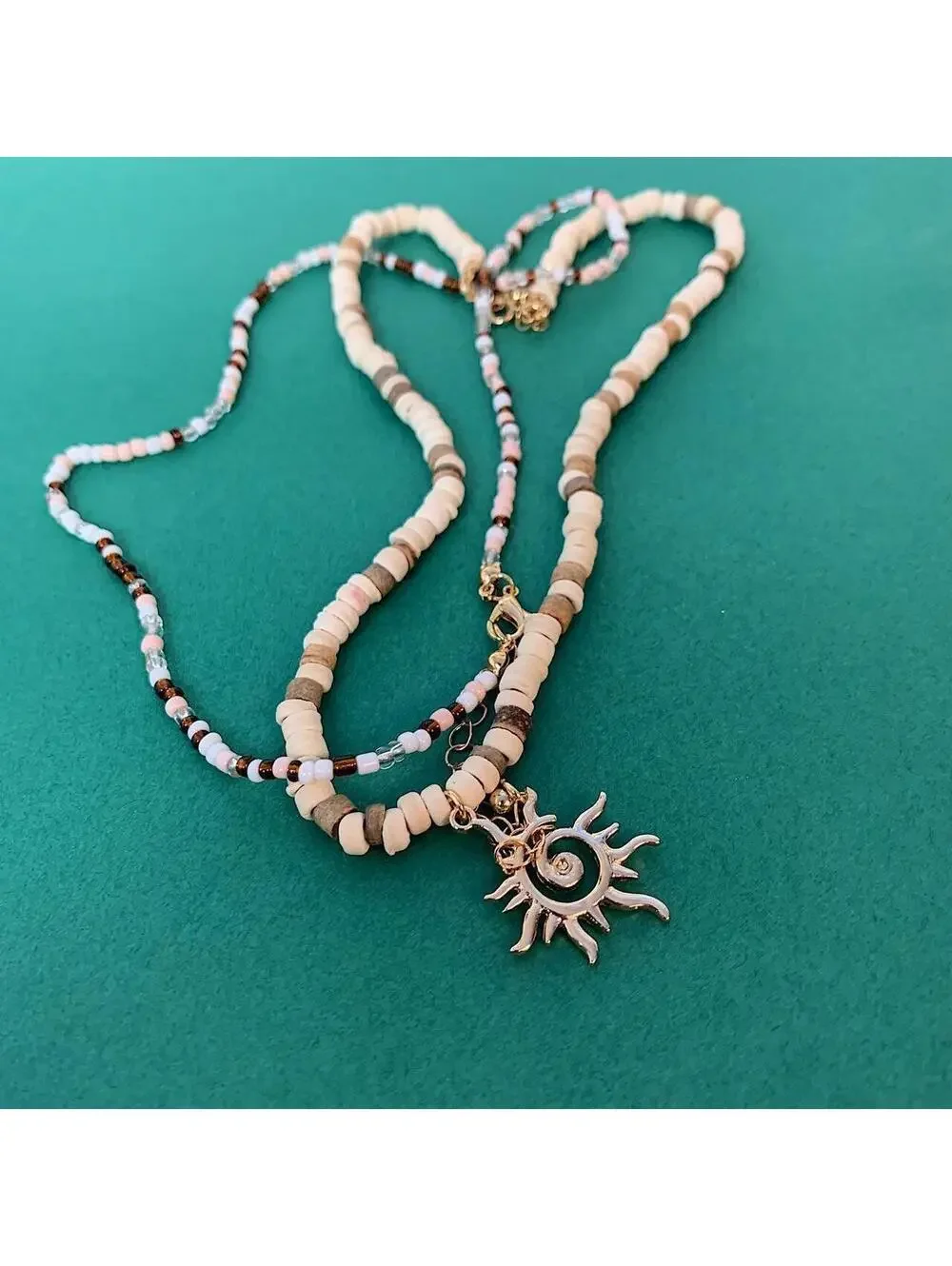 Y2k 2000s style Wood Beaded double layer Necklace with Cyber Star Sun Pendant. I